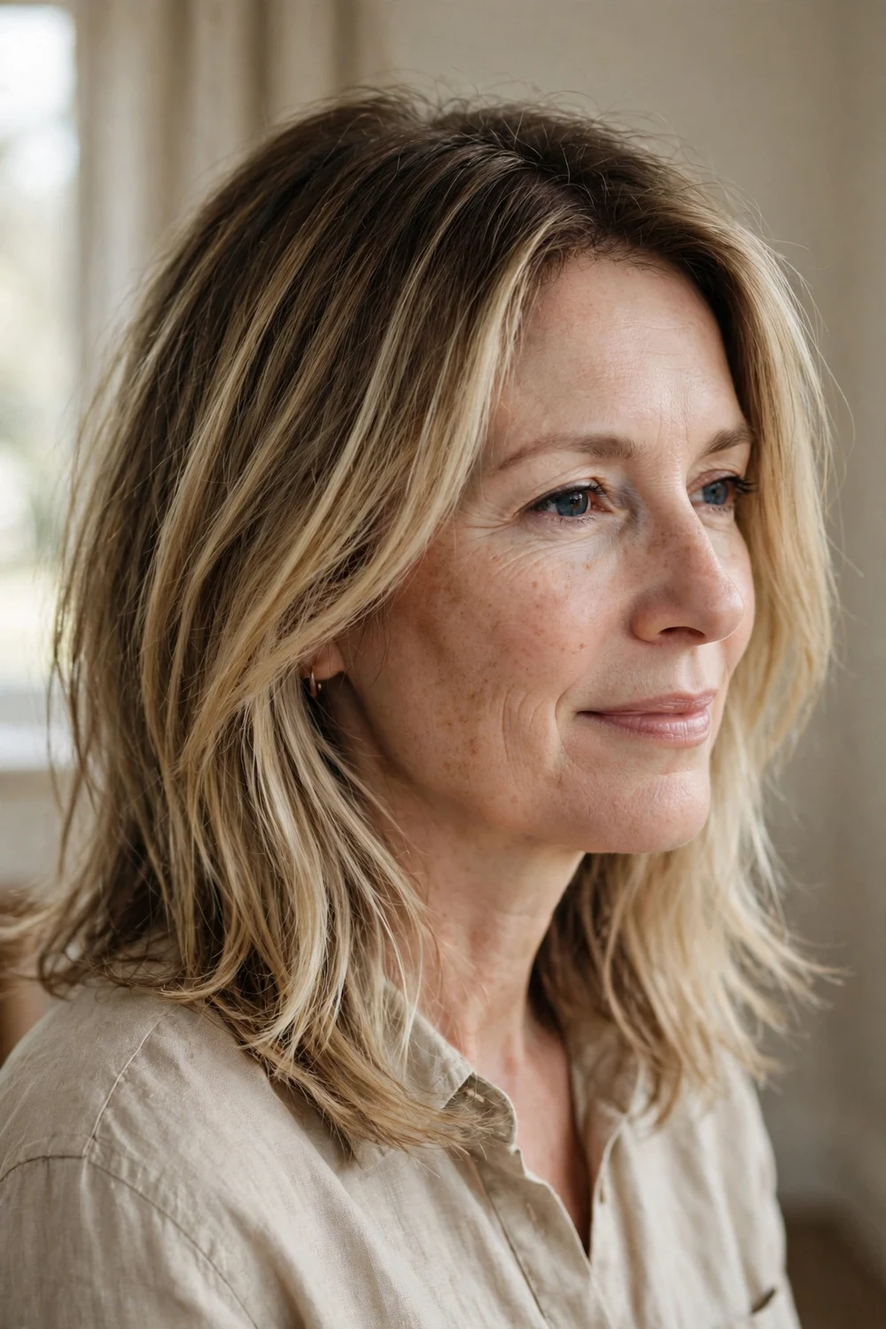 Woman with darker-rooted dirty blonde layered hair