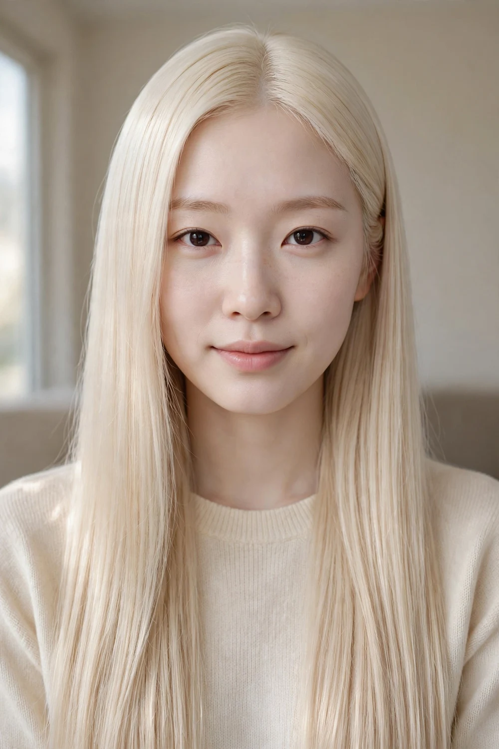 Woman with sleek pearl blonde hair