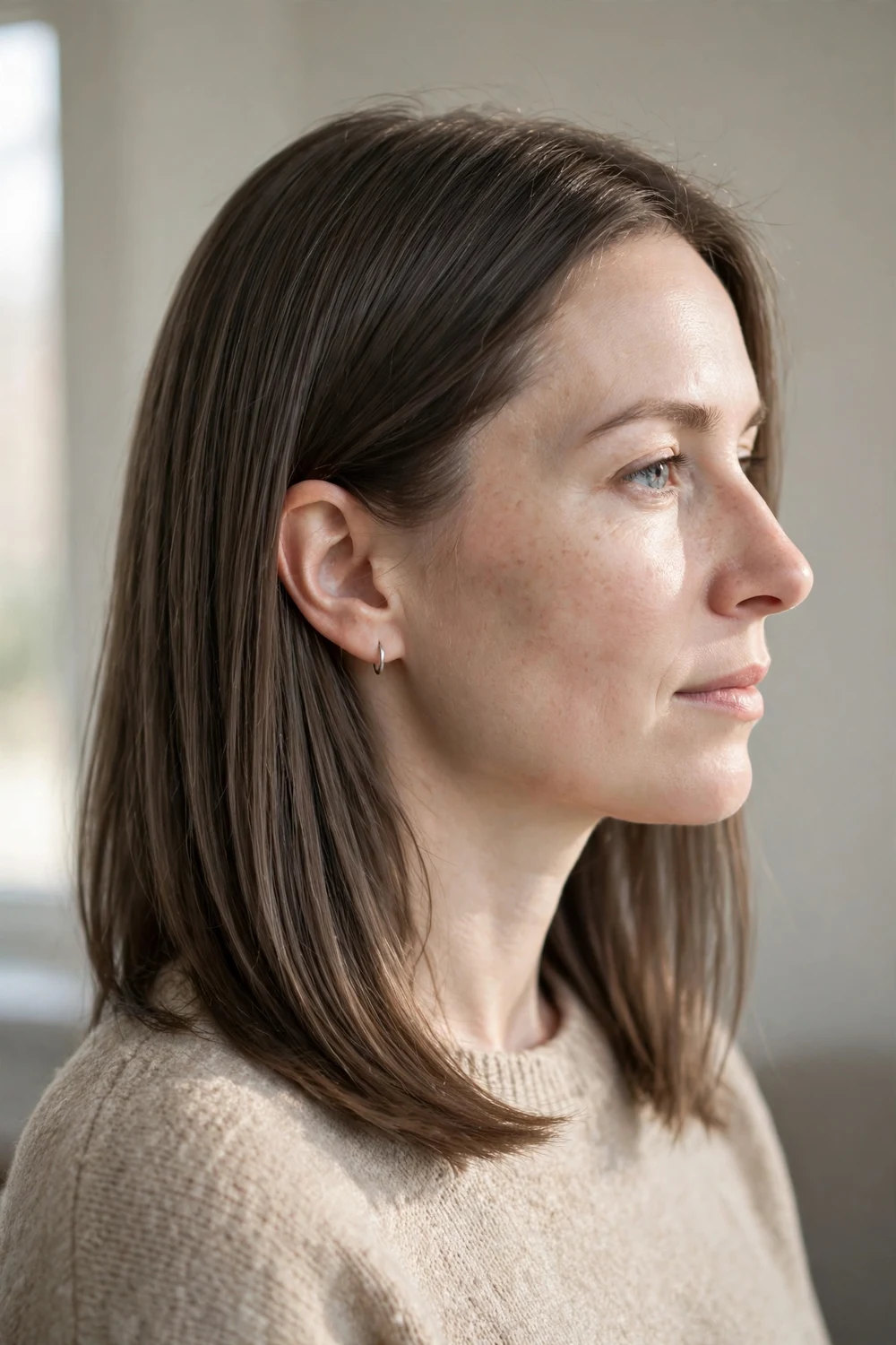 Woman with ash brown straight shoulder-length hair in side profile