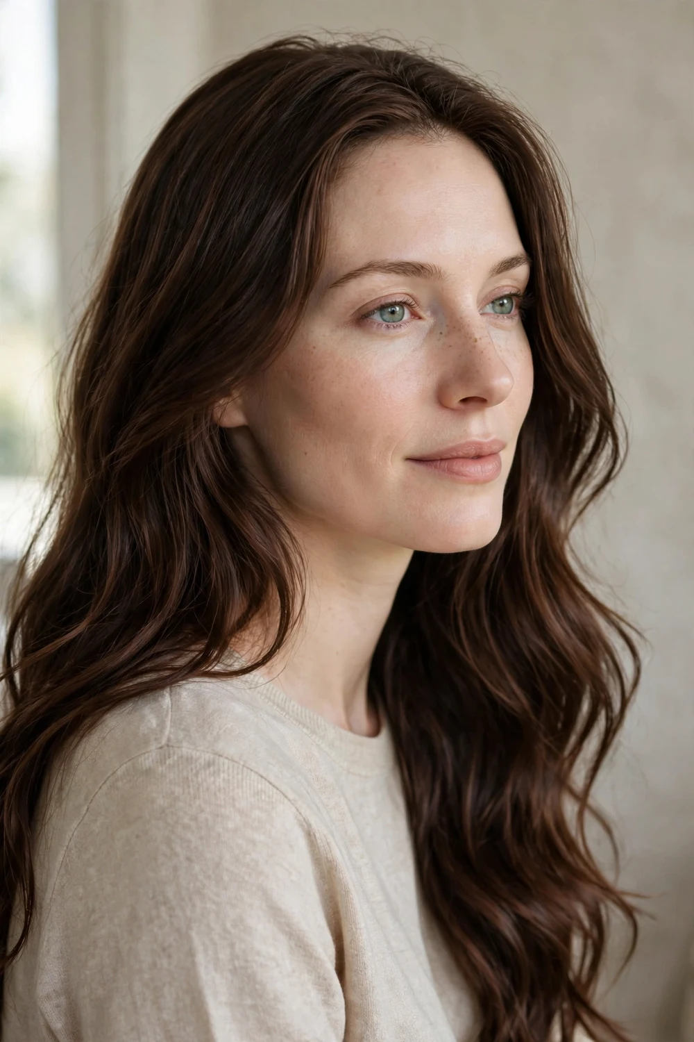 Woman with long glossy chocolate brown hair