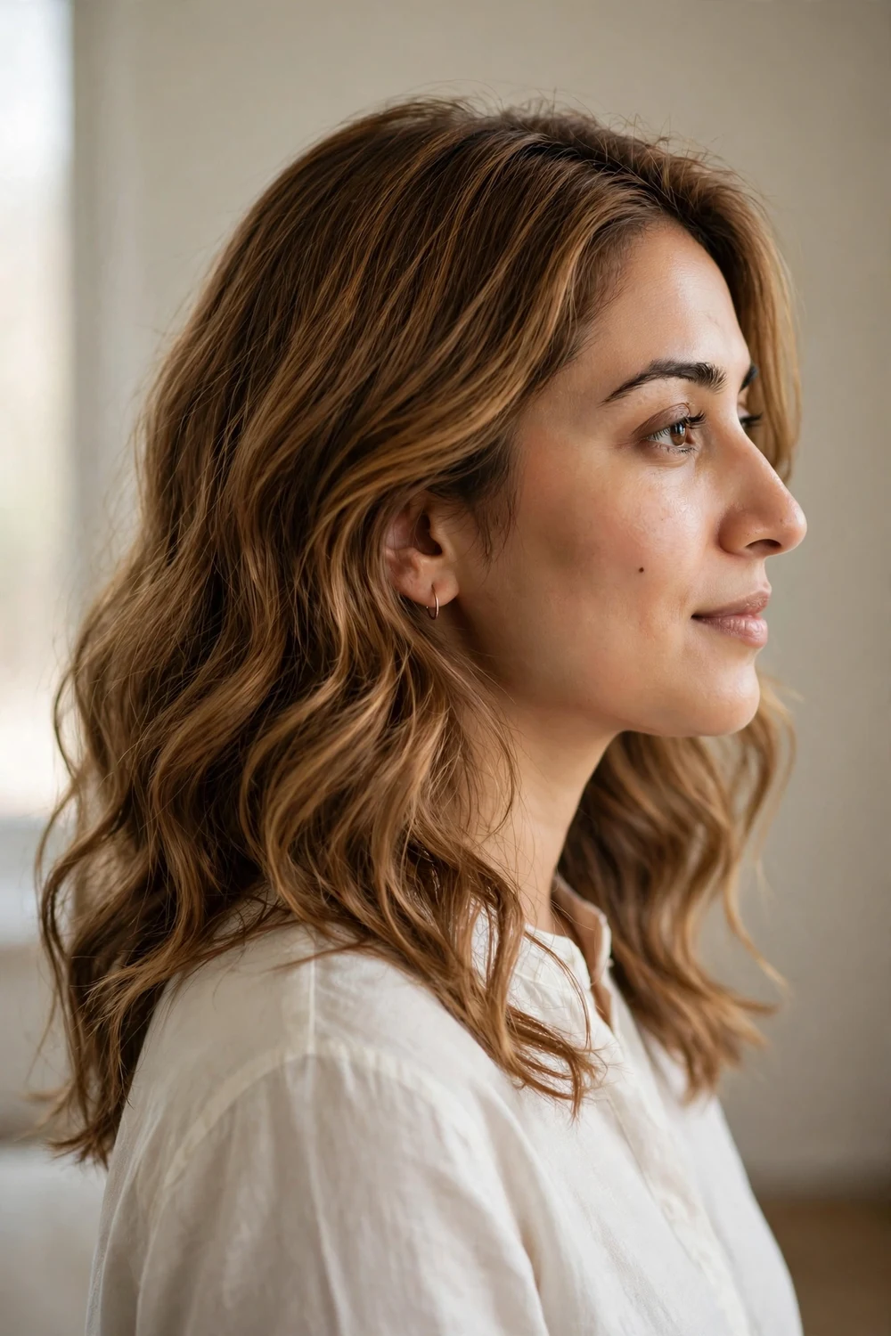 Woman with honey brown wavy hair in side profile