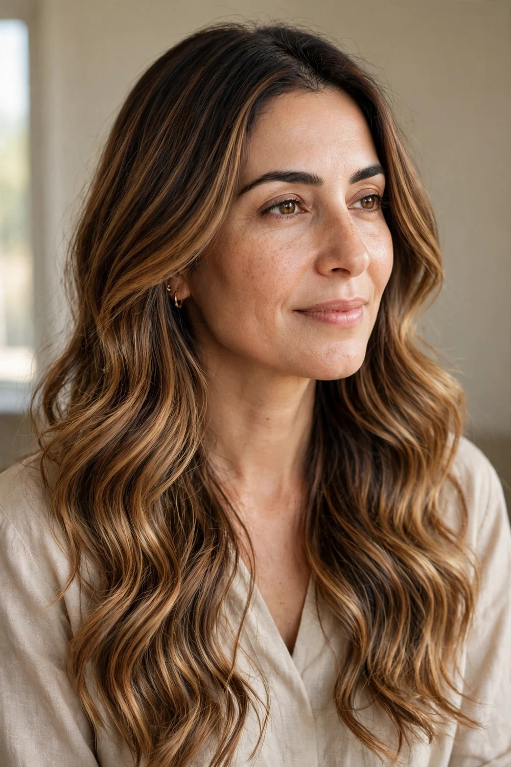 Woman with caramel brown balayage long hair