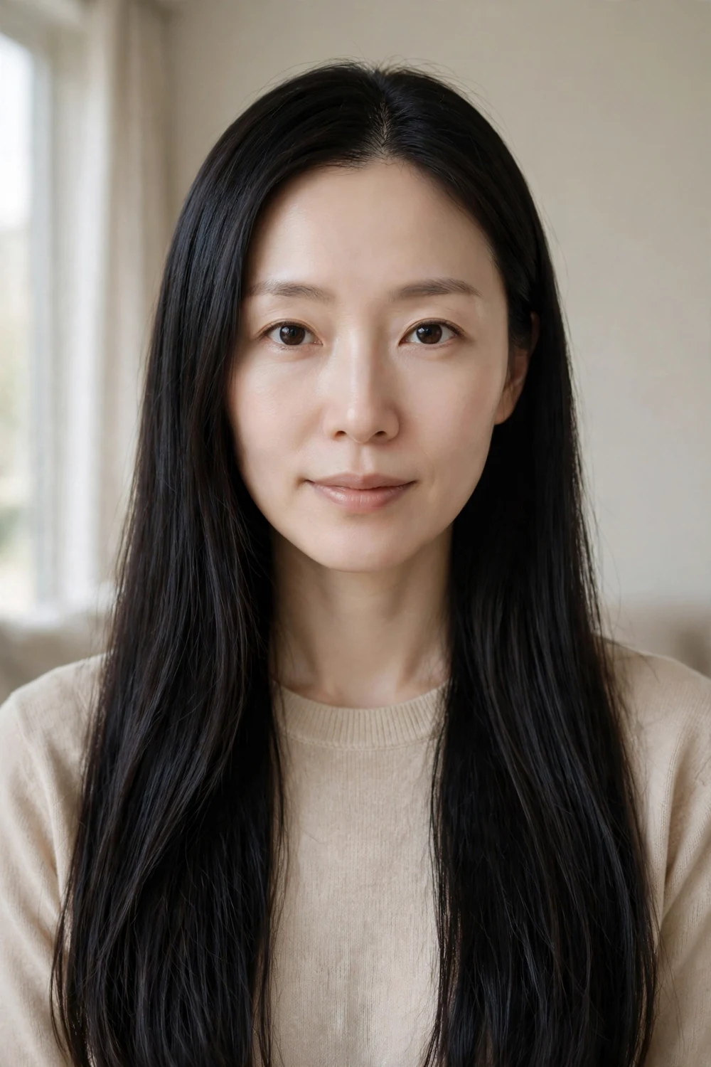 Woman with jet black straight hair