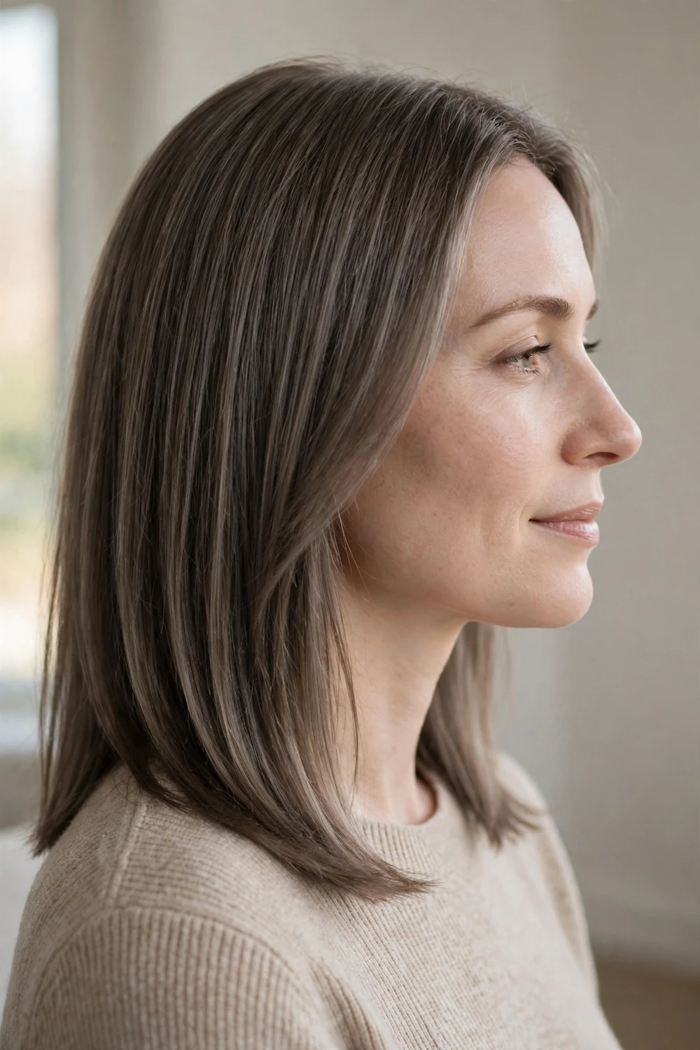 Woman with smoky mushroom brown hair in side profile