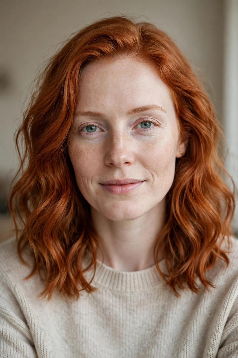 Woman with copper red wavy hair