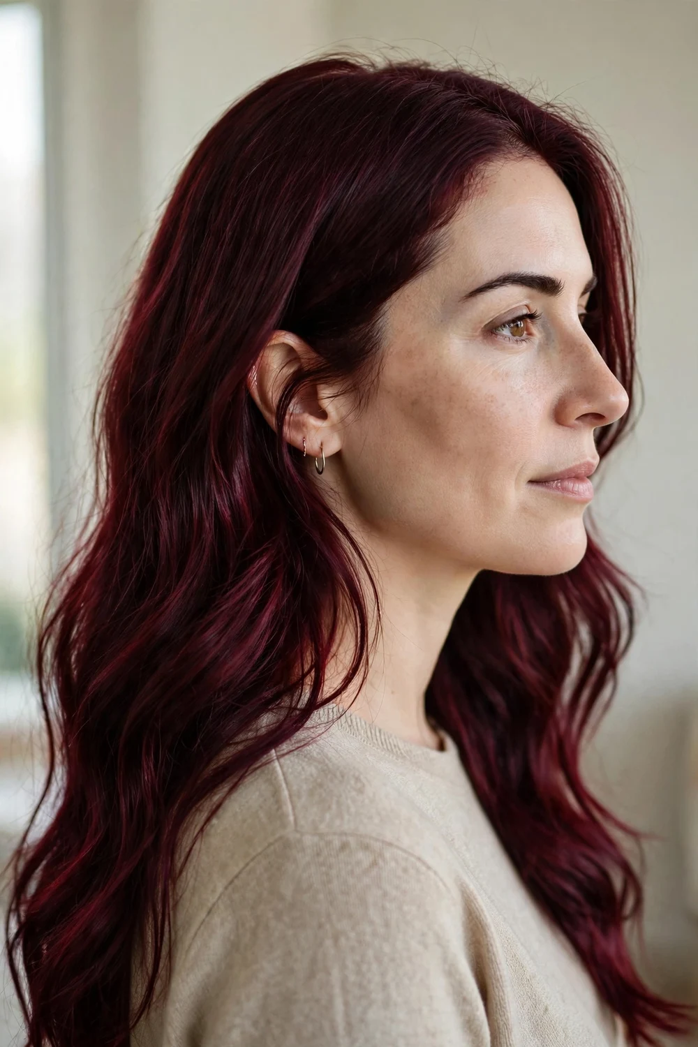 Woman with deep burgundy long hair in side profile