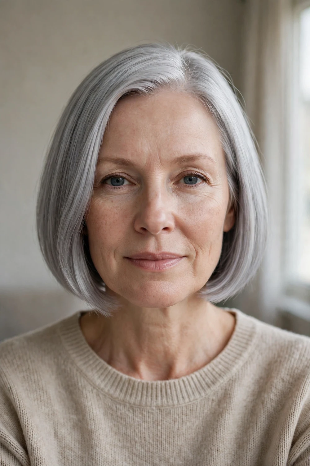 Woman with silver gray bob haircut