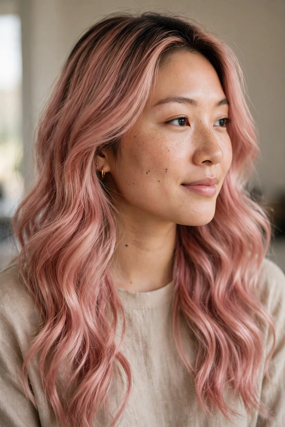 Woman with rose gold pink-tinted wavy hair