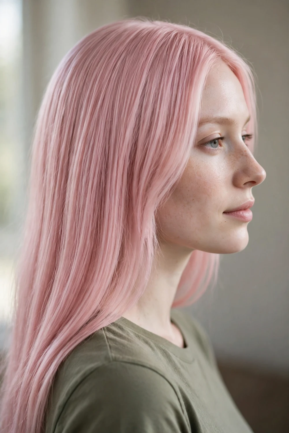 Woman with pastel pink straight hair in side profile