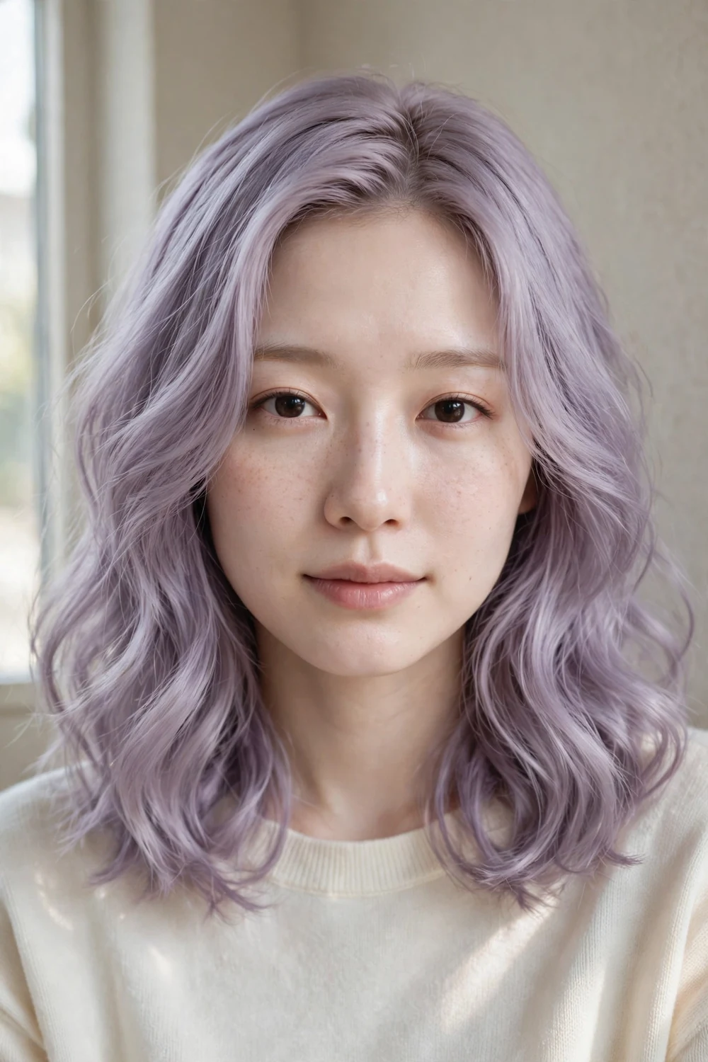 Woman with pastel lavender wavy hair