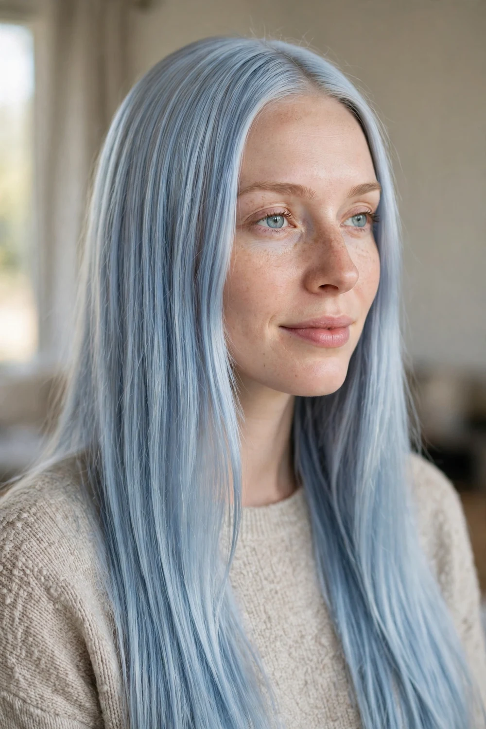Woman with icy blue long straight hair