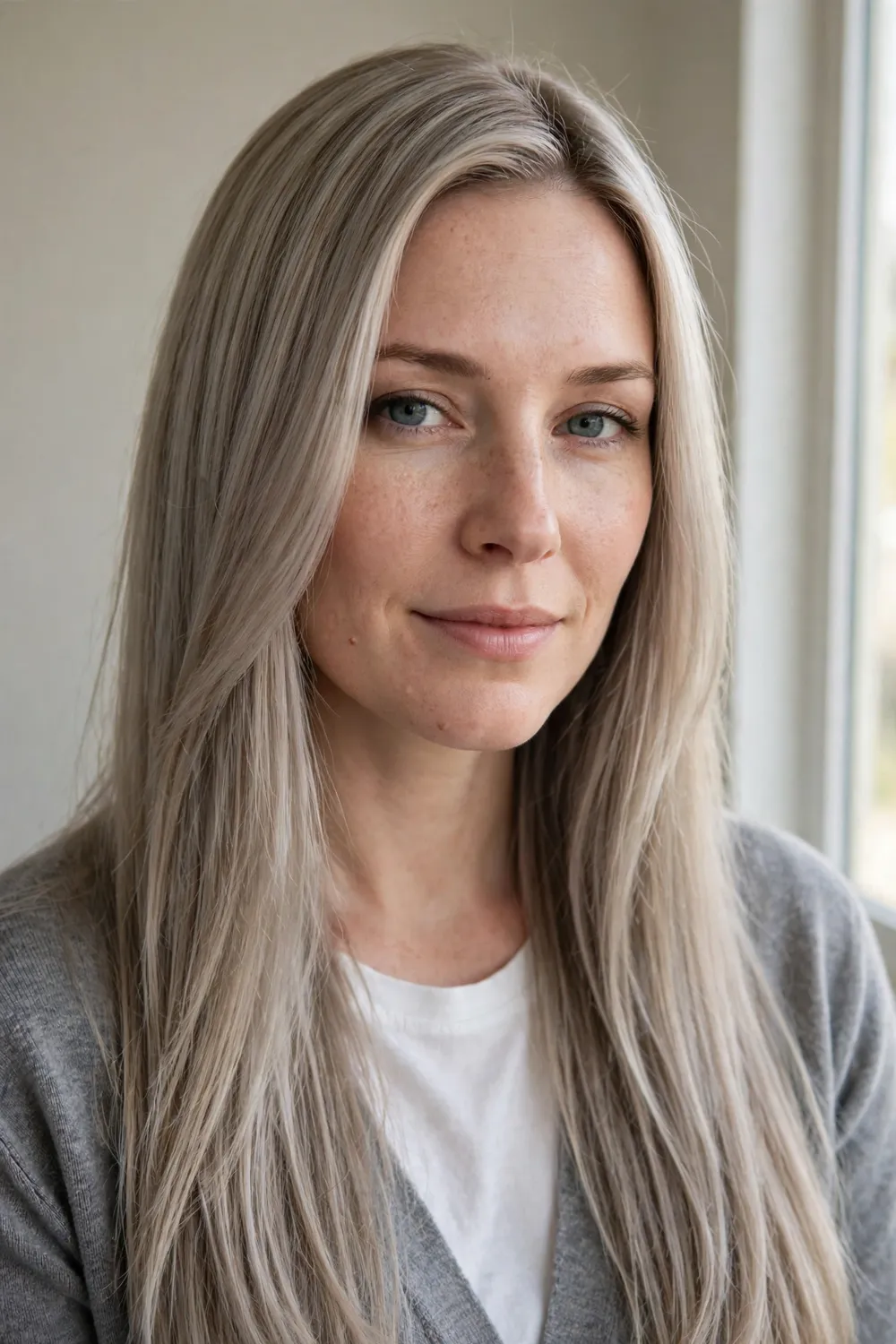 Woman with fair skin and straight ash blonde hair past her shoulders