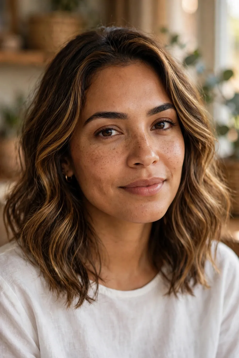 Latina woman with medium-length buttery brunette hair with warm highlights