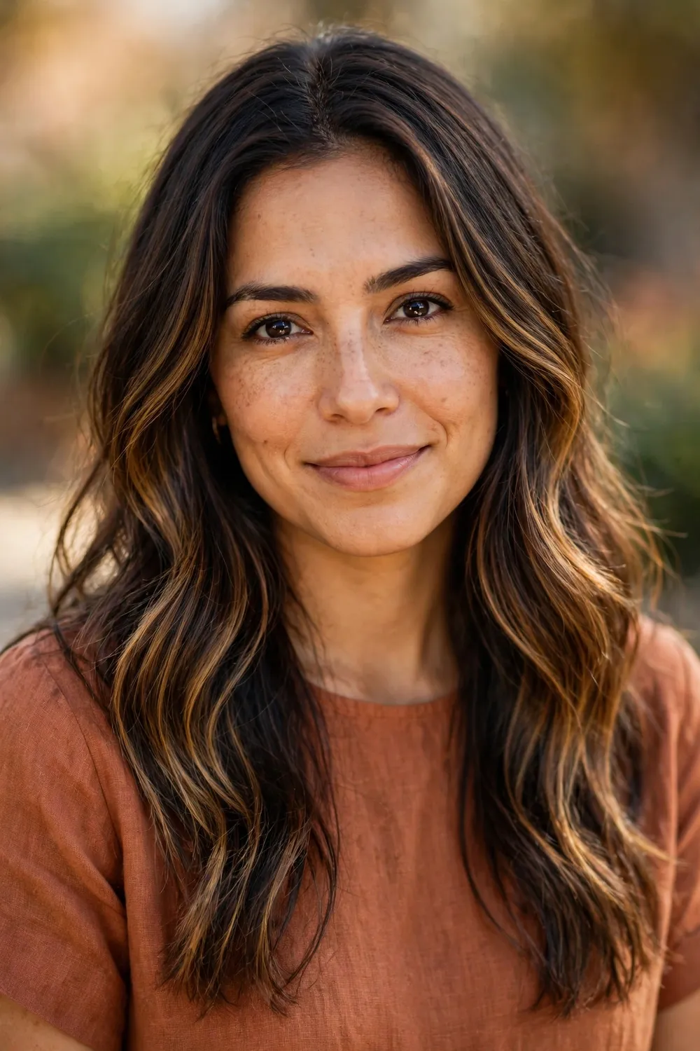 Hispanic woman with long dark hair and caramel balayage highlights