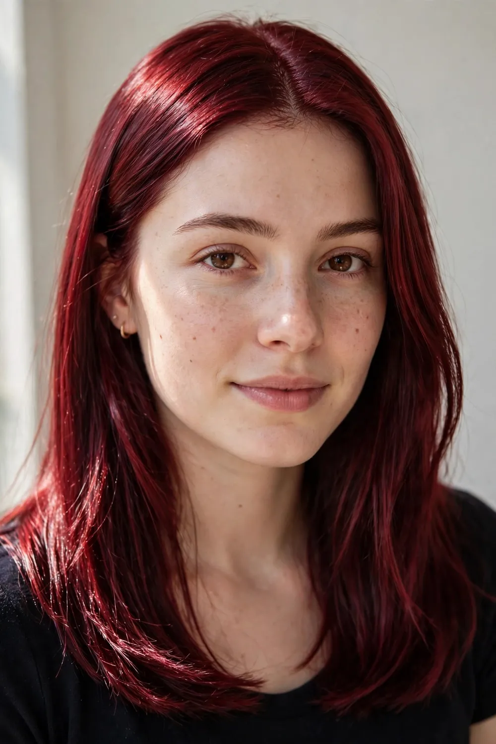 Young woman with medium-length cherry red hair with a deep wine tone