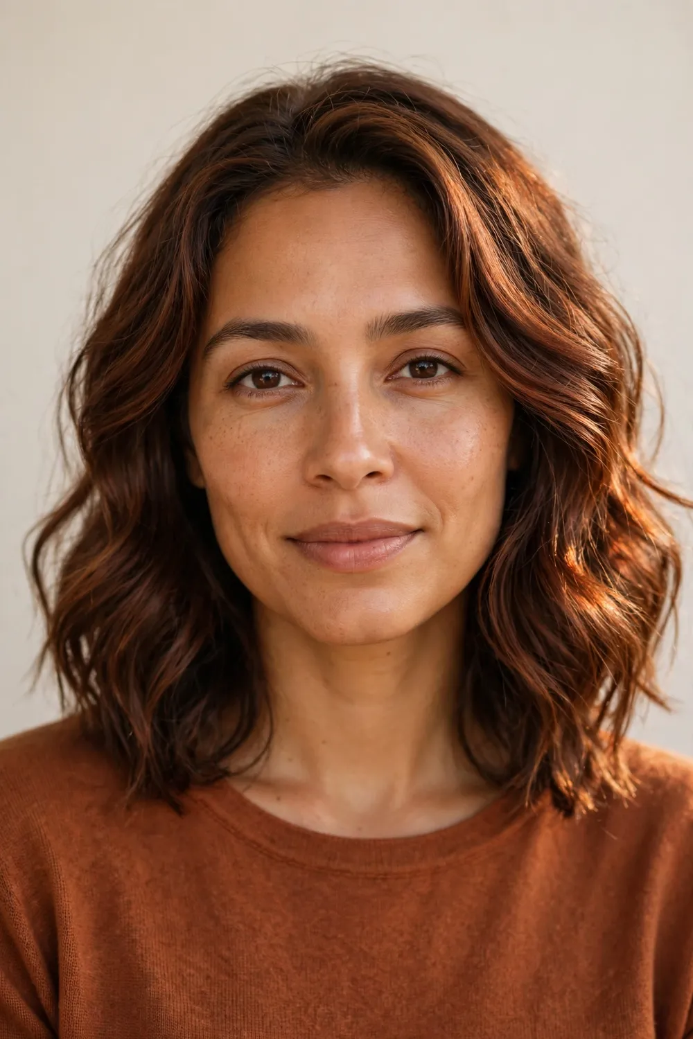 Woman with warm skin tone and wavy chestnut brown hair