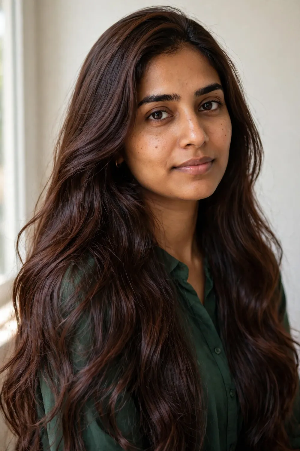 South Asian woman with long chocolate brunette hair with a glossy finish