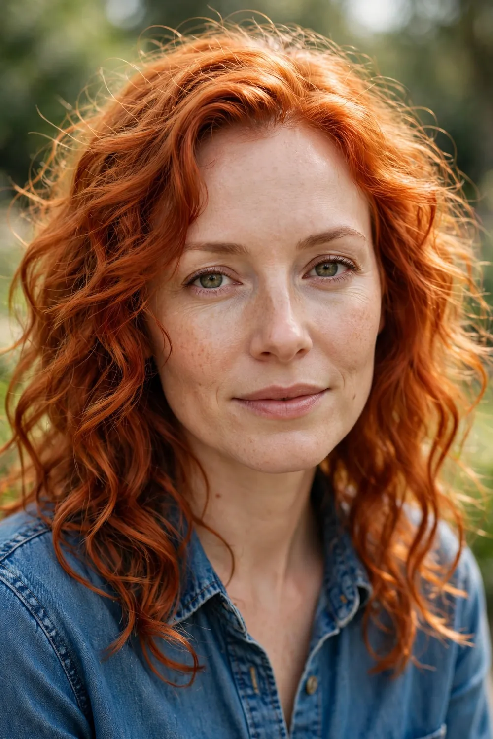 Woman with fair skin and copper red hair in loose curls