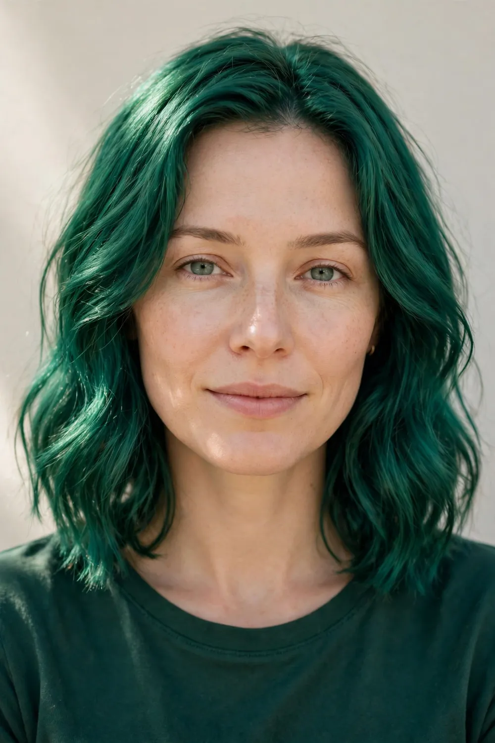 Woman with fair skin and emerald green hair in a shoulder-length cut