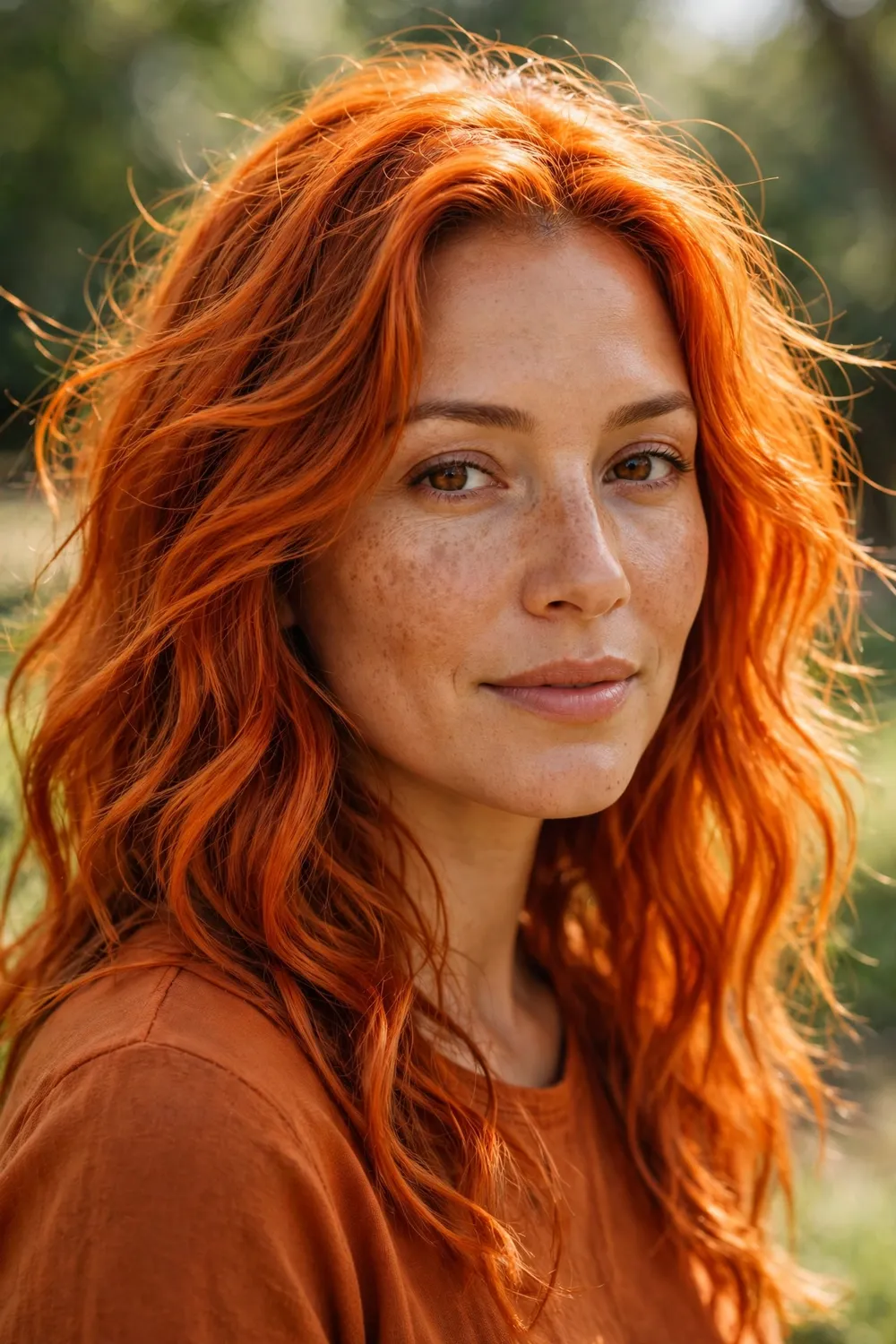 Woman with warm skin tone and fiery orange hair in loose waves