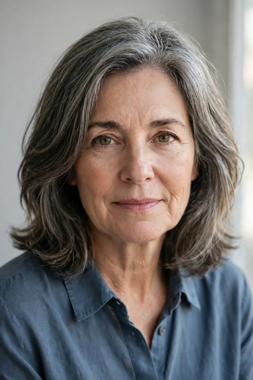 Woman over fifty with grey blending highlights in medium-length hair