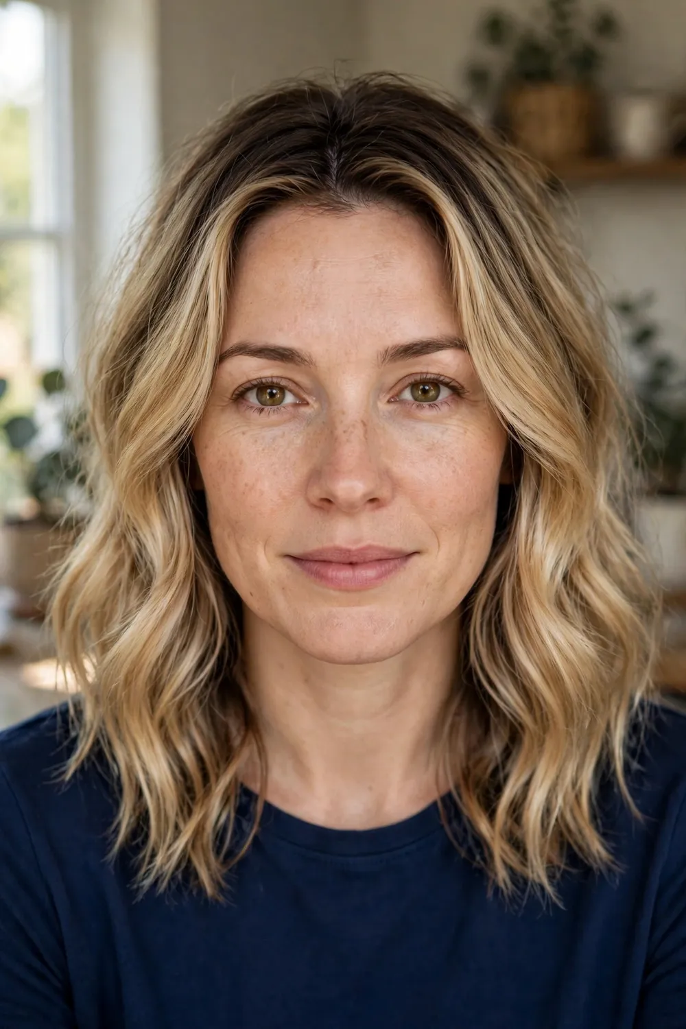 Woman in her thirties with shoulder-length heritage blonde hair in soft waves