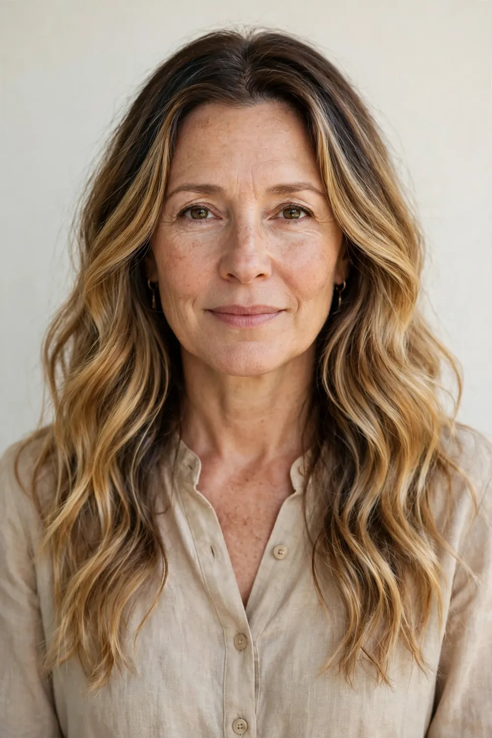Middle-aged woman with long honey blonde hair and darker roots styled in loose waves