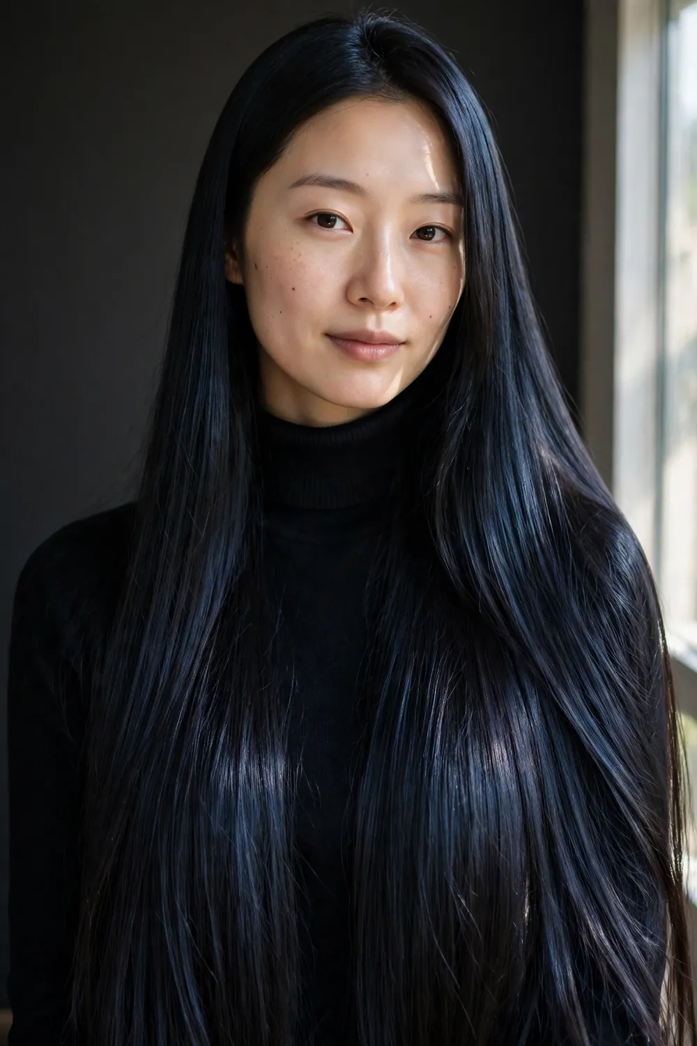 East Asian woman with long jet black hair with a mirror-like shine