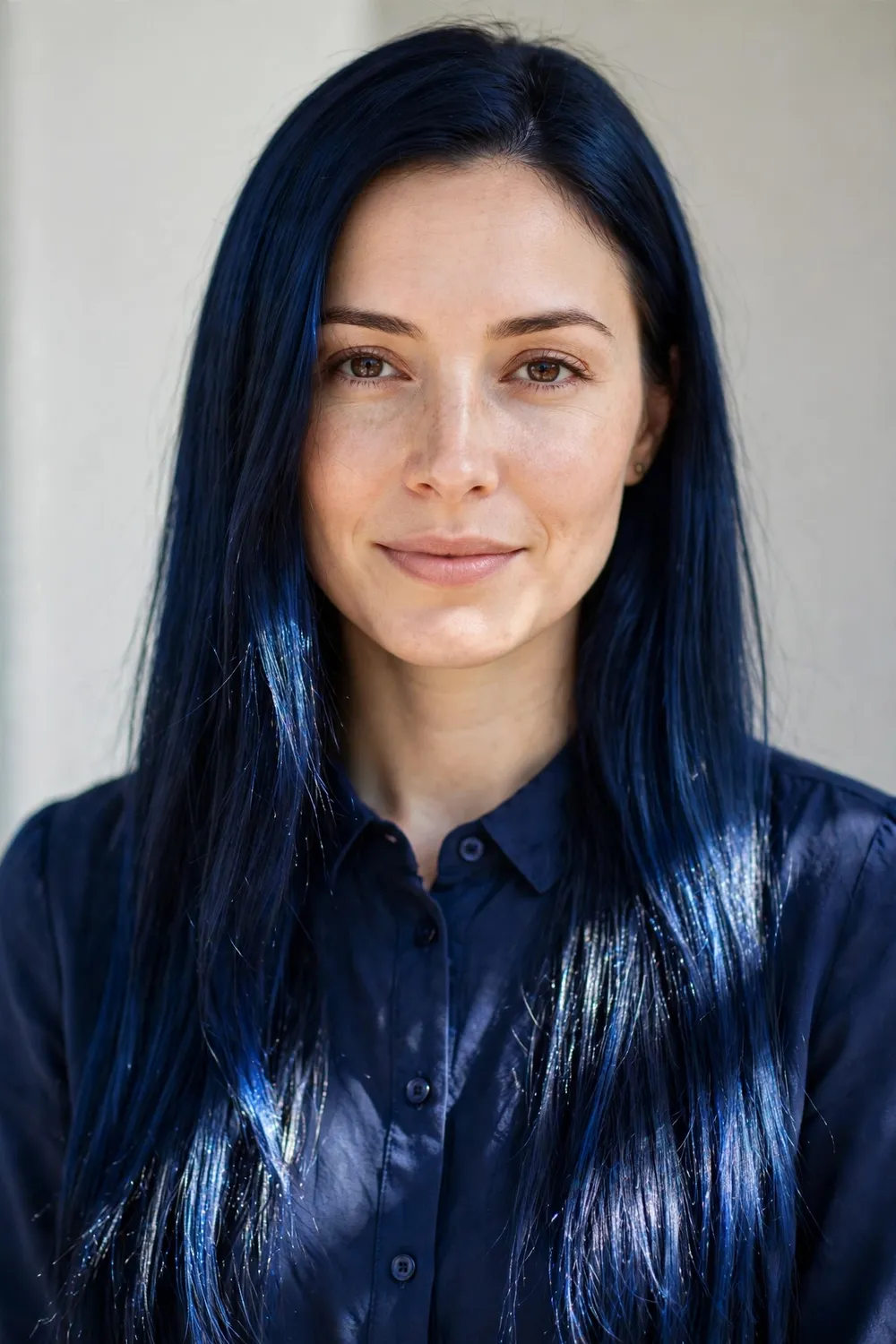 Woman with midnight blue hair styled straight past her shoulders