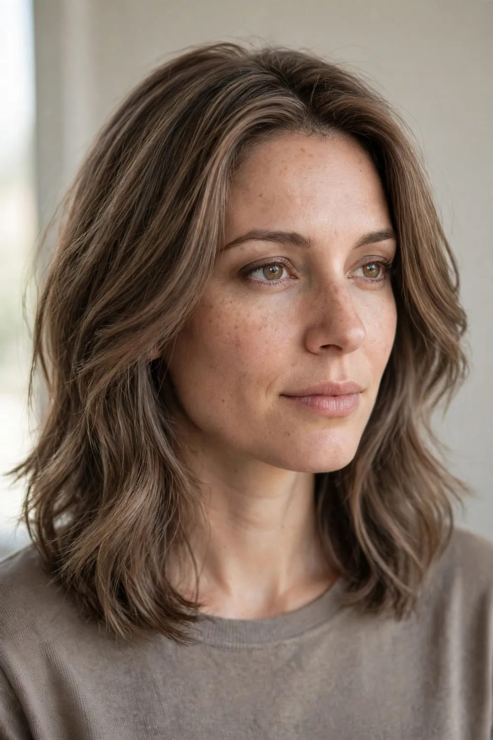 Woman with neutral skin tone and mushroom brown hair with ashy dimension