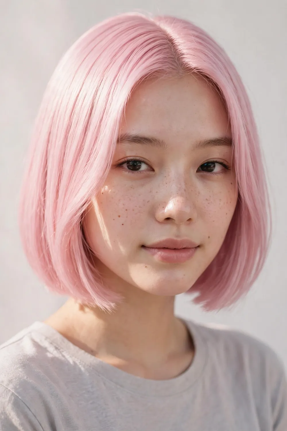 Young woman with a pastel pink bob haircut