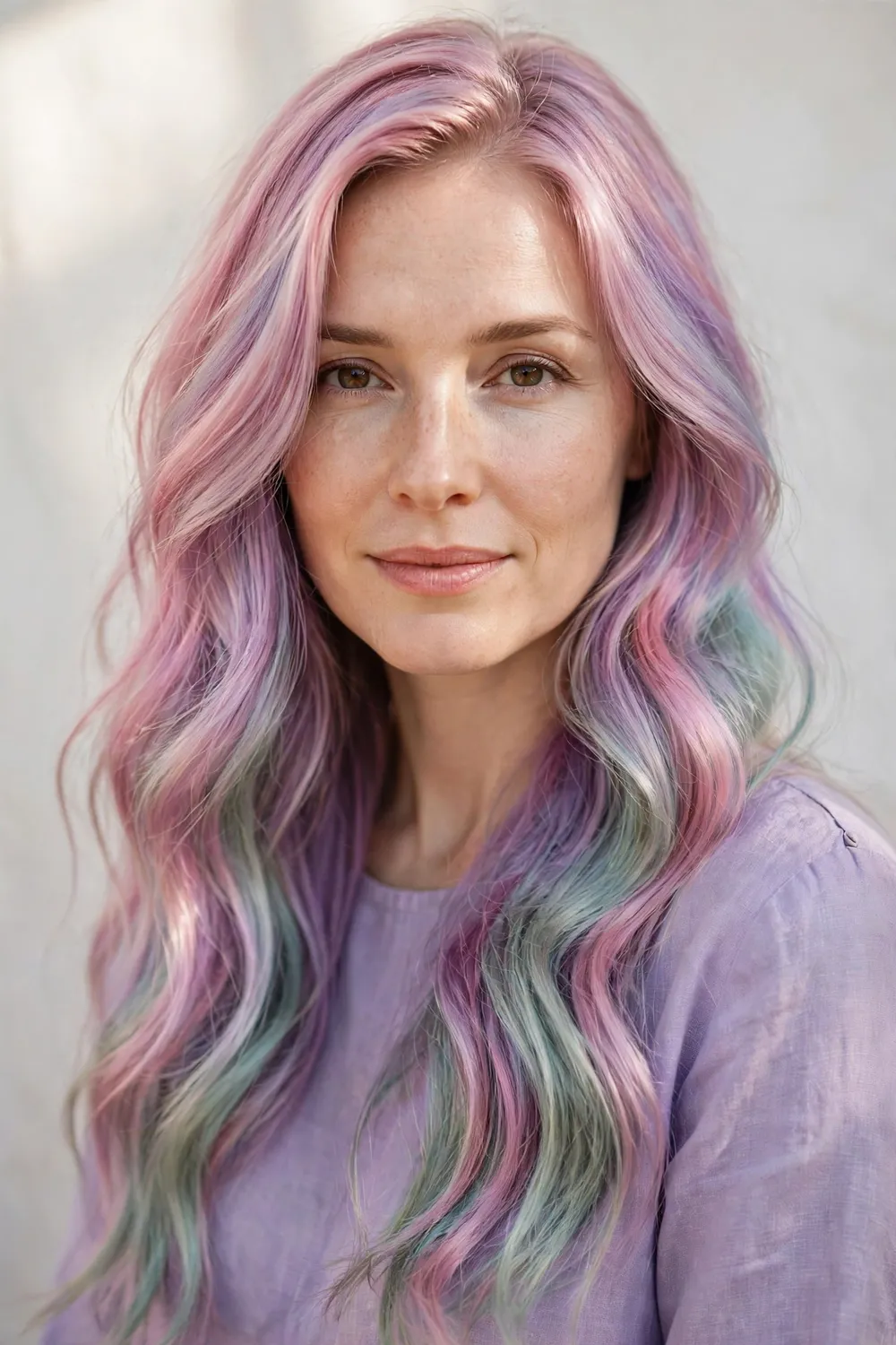Woman with long hair dyed in pastel rainbow shades of pink, lavender, and mint