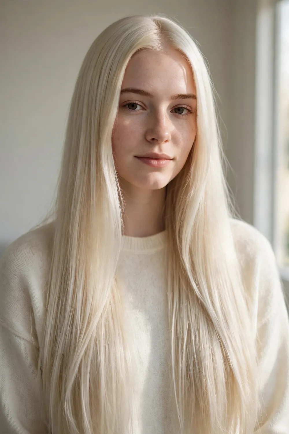 Young woman with long platinum blonde hair styled straight in natural light