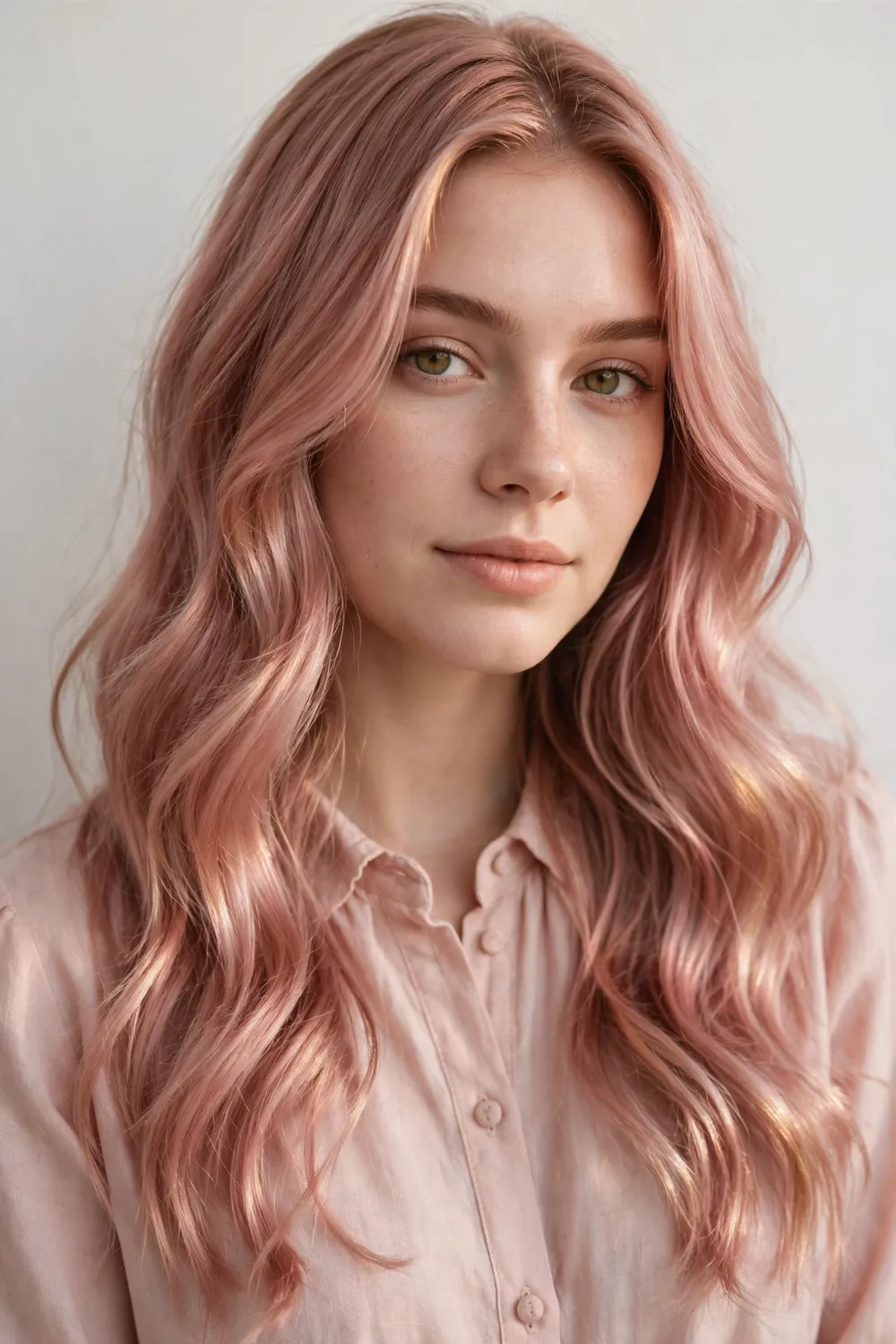Young woman with rose gold hair in long soft waves