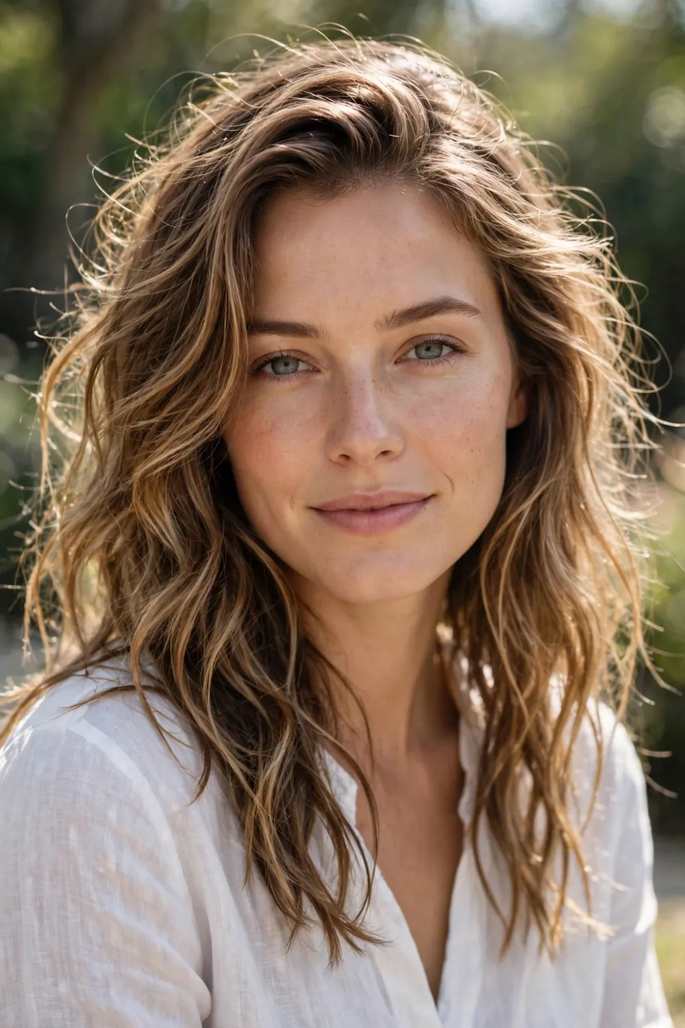 Woman with light brown hair and subtle sunkissed balayage in beachy waves