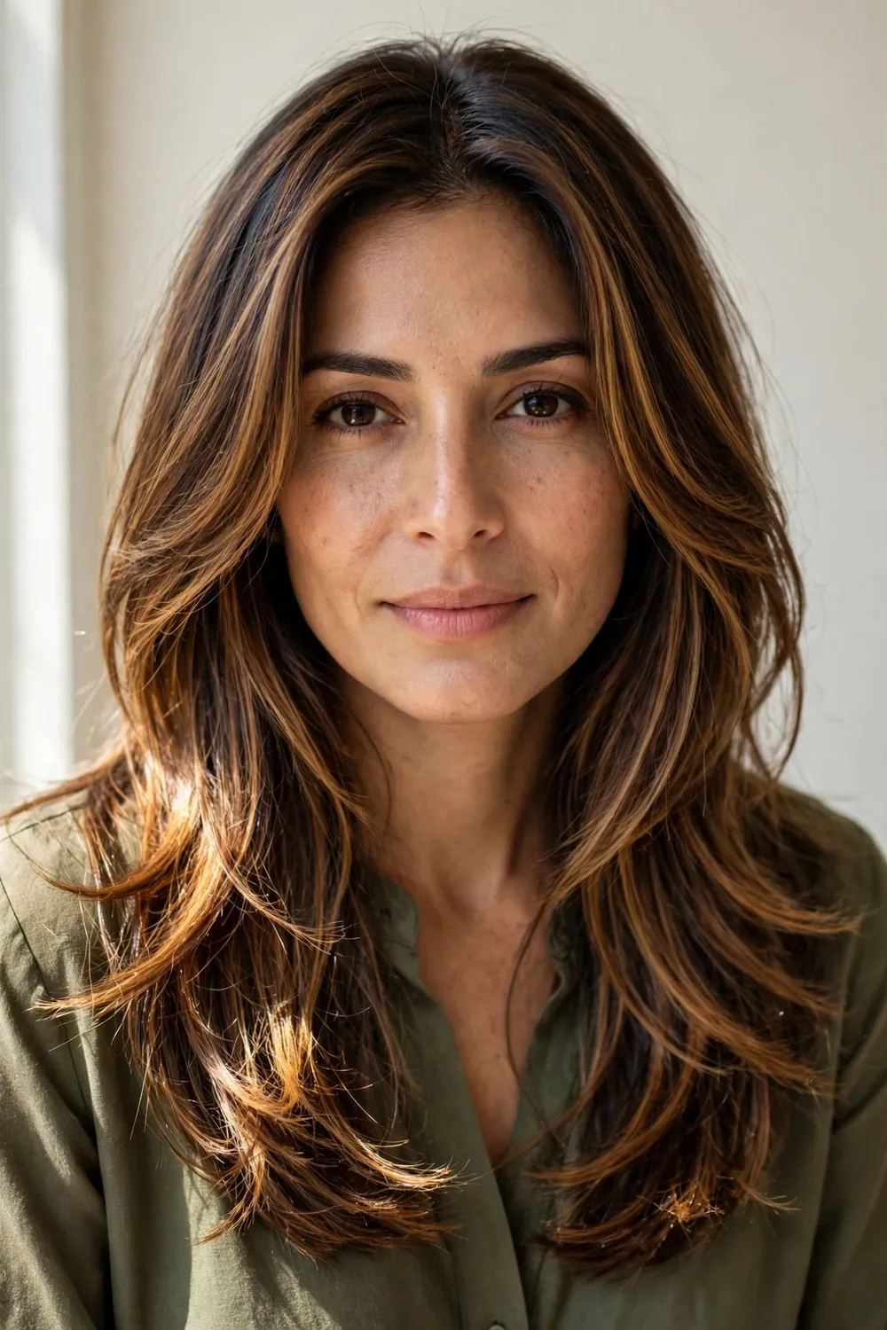Woman with olive skin and tortoiseshell brown balayage in long layers