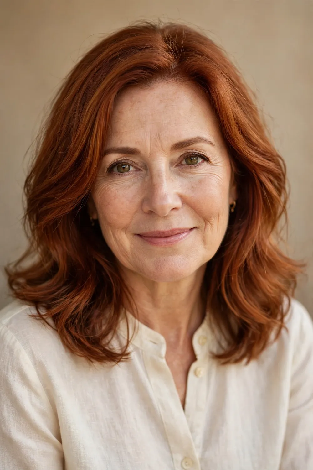 Woman in her forties with shoulder-length warm cinnamon red hair