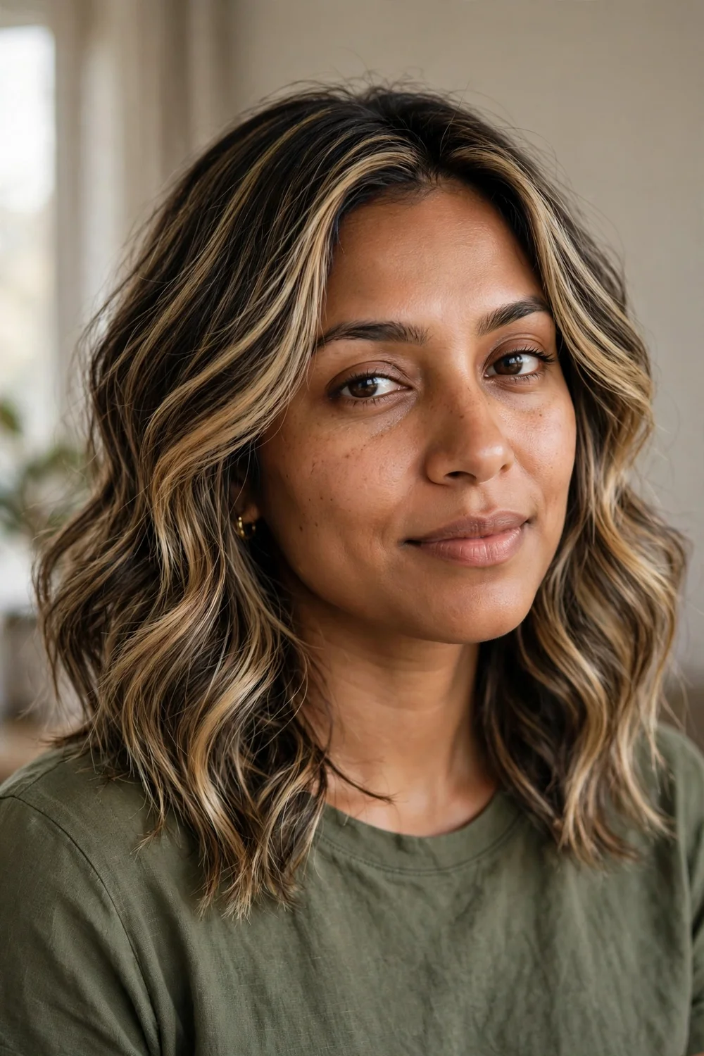 Woman with buttery blonde highlights in soft waves