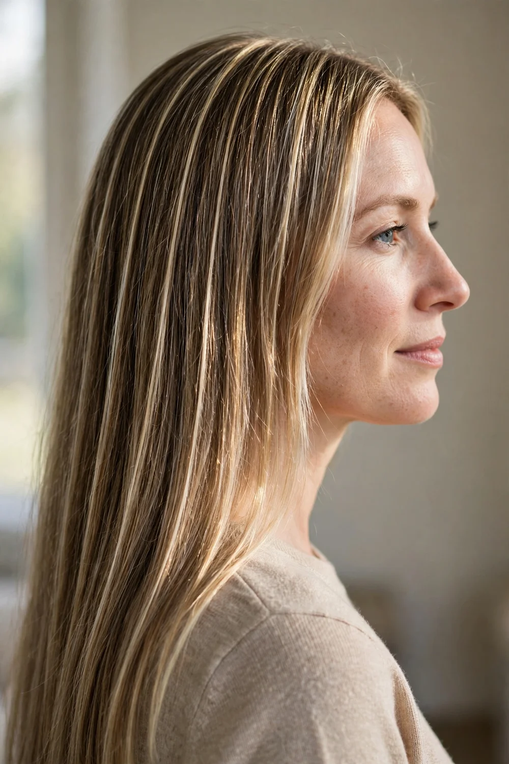 Woman with delicate blonde babylights in long hair