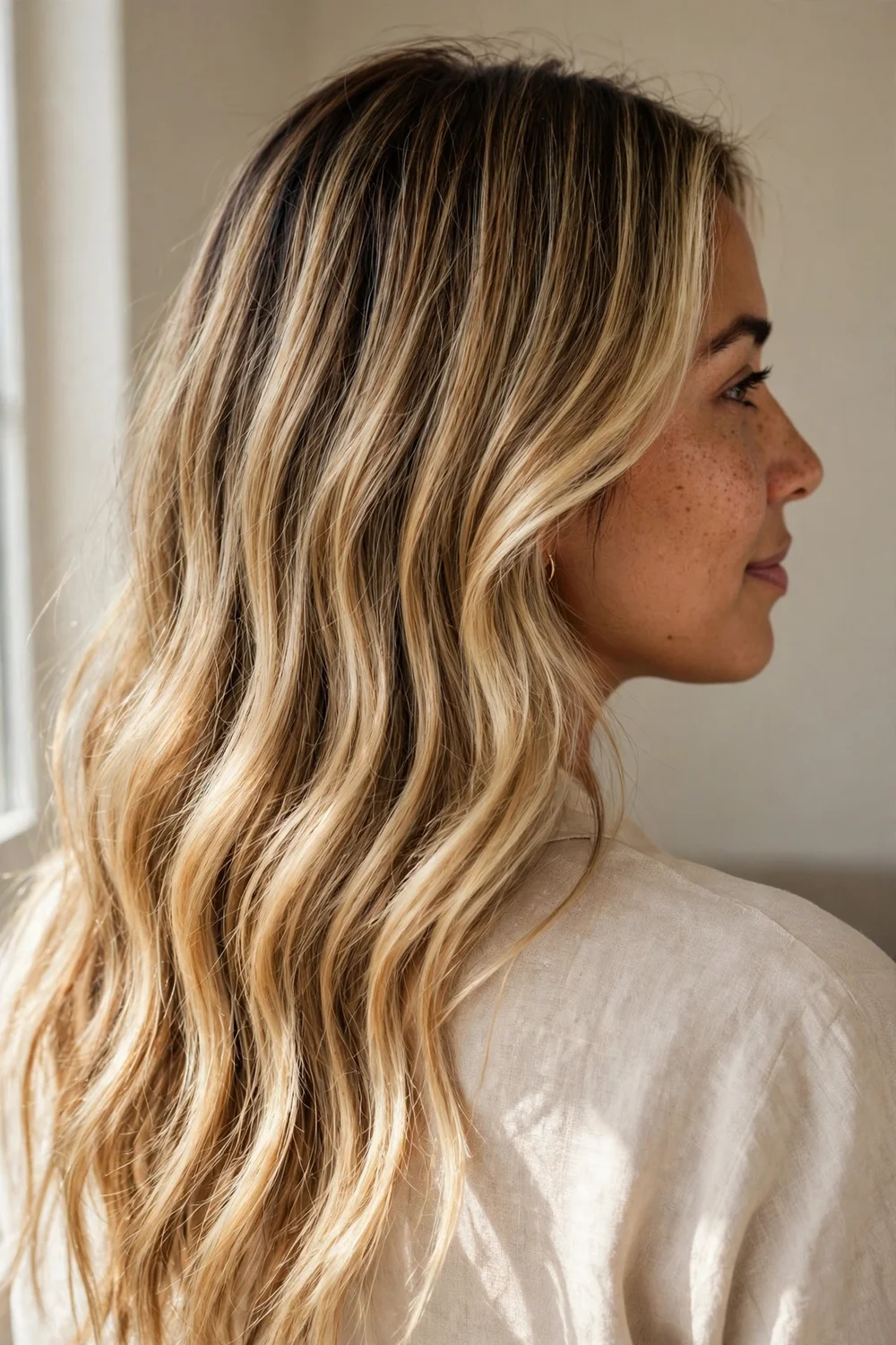 Woman with lived-in blonde balayage seen from behind