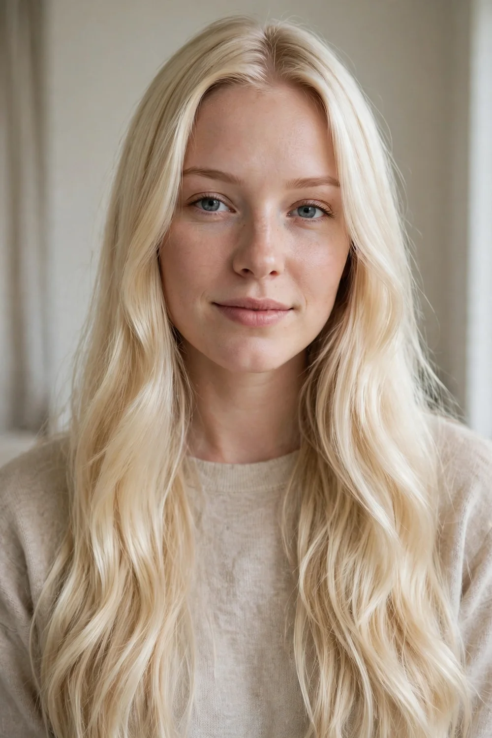 Woman with bright Scandinavian blonde highlights