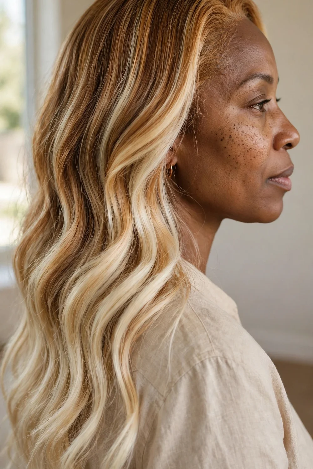 Woman with creme brulee blonde highlights