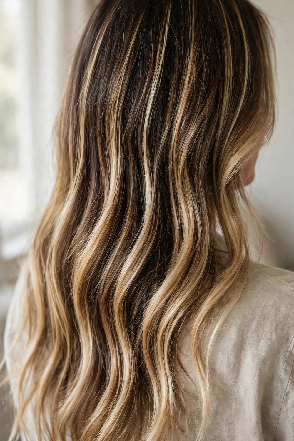Woman with foilayage blonde highlights seen from behind