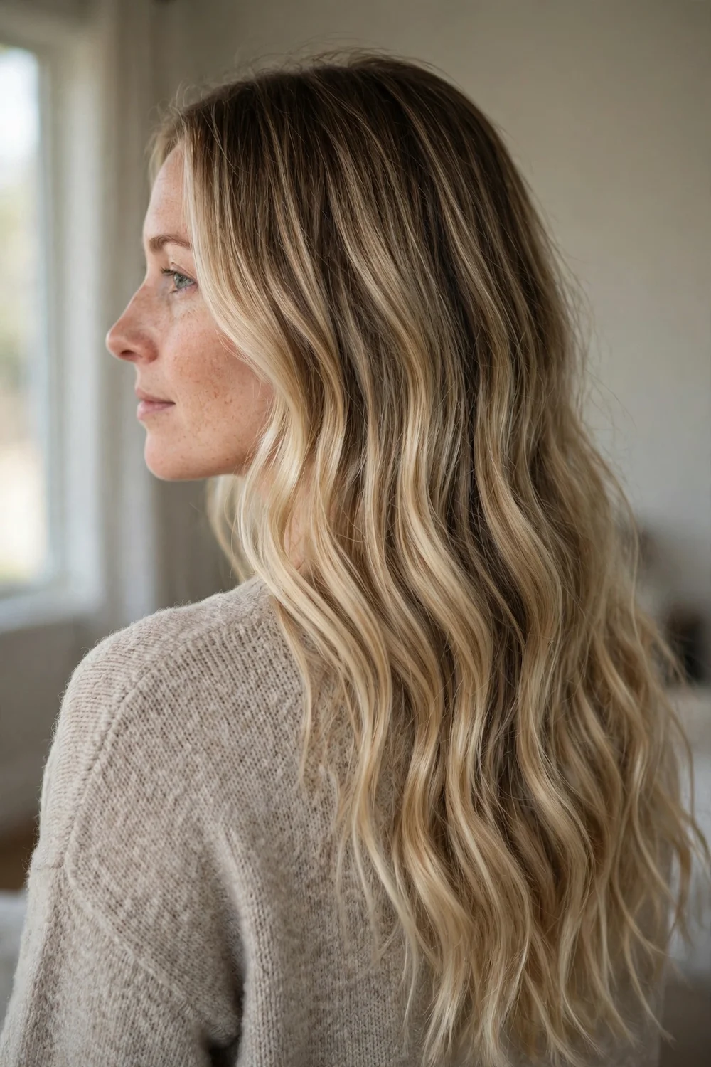 Woman with teasylights blonde highlights in loose waves