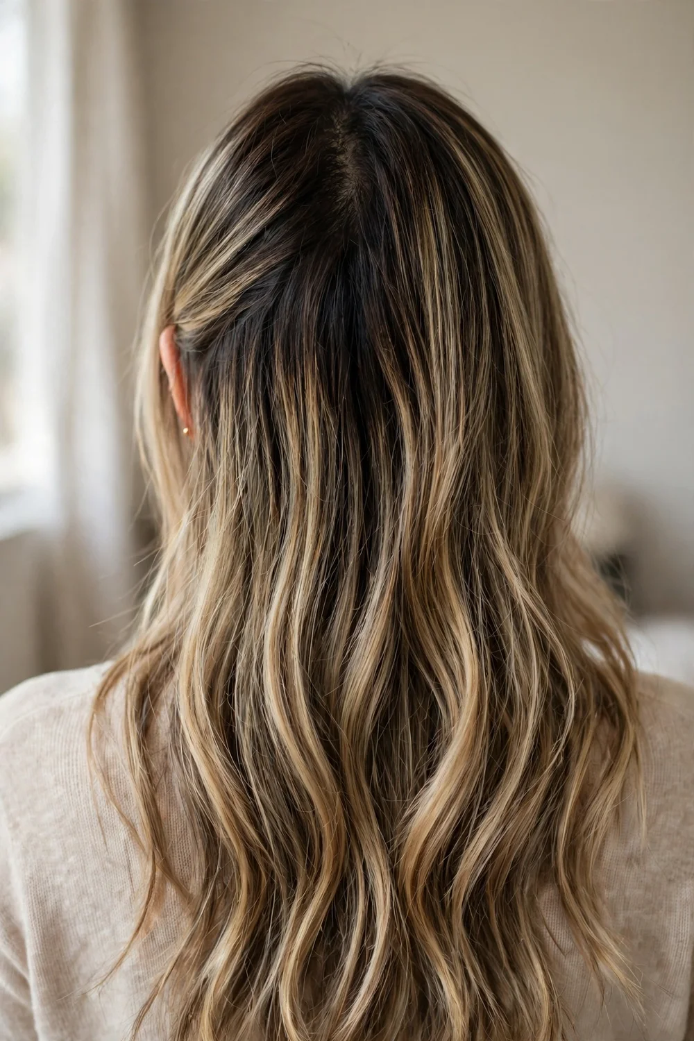 Woman with blonde highlights and a soft shadow root