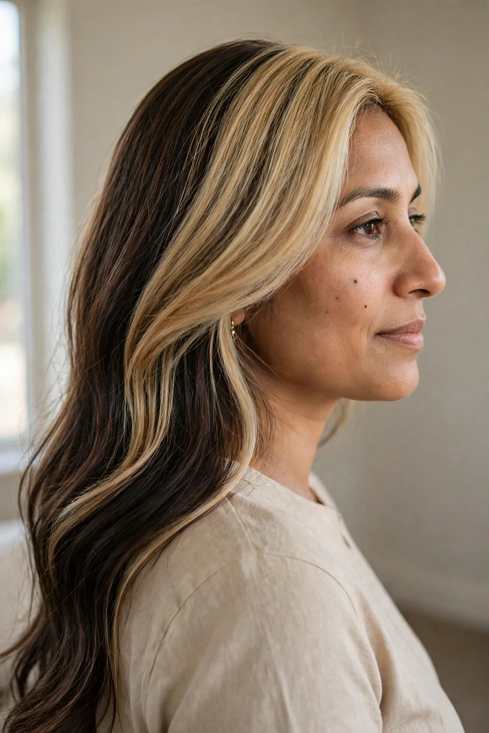 Woman with bronde highlights blending brown and blonde
