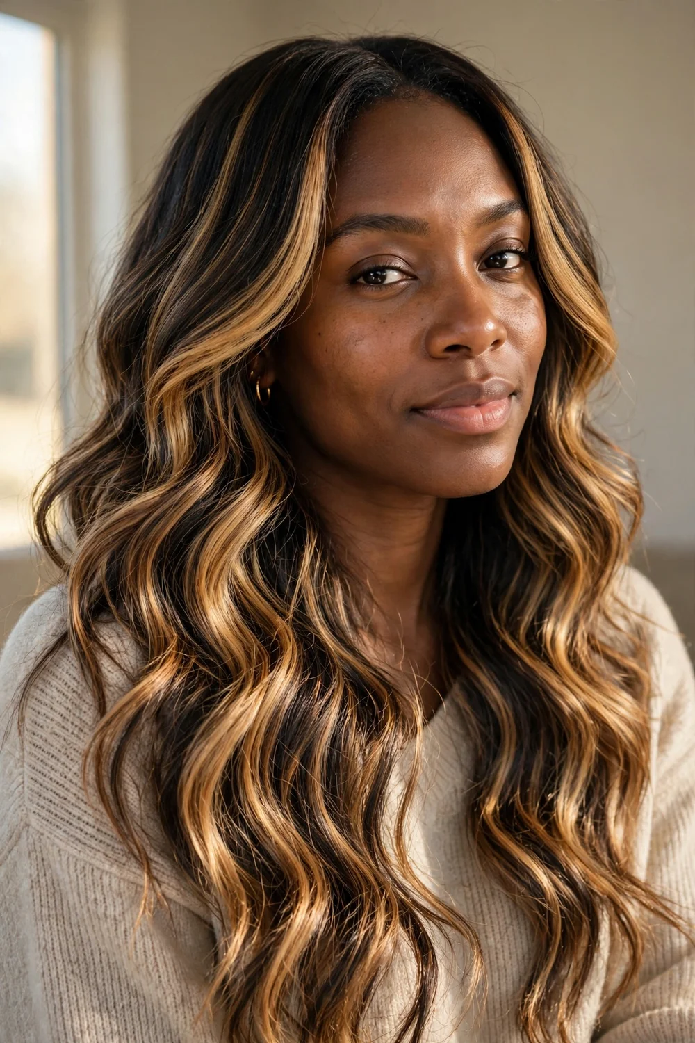 Woman with honey blonde highlights in waves