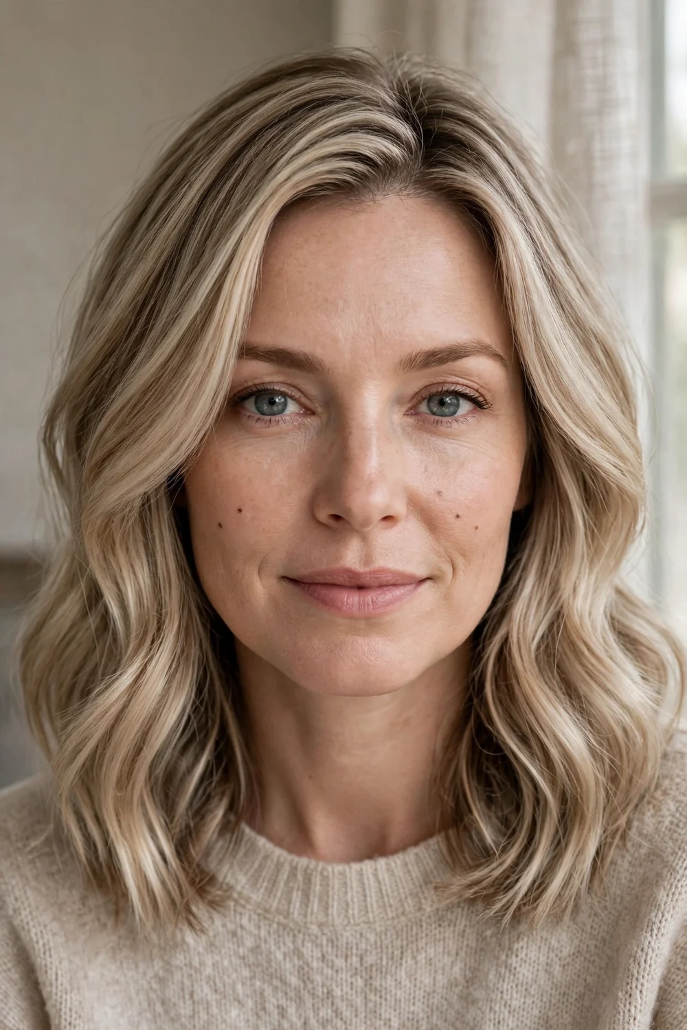 Woman with champagne beige blonde highlights