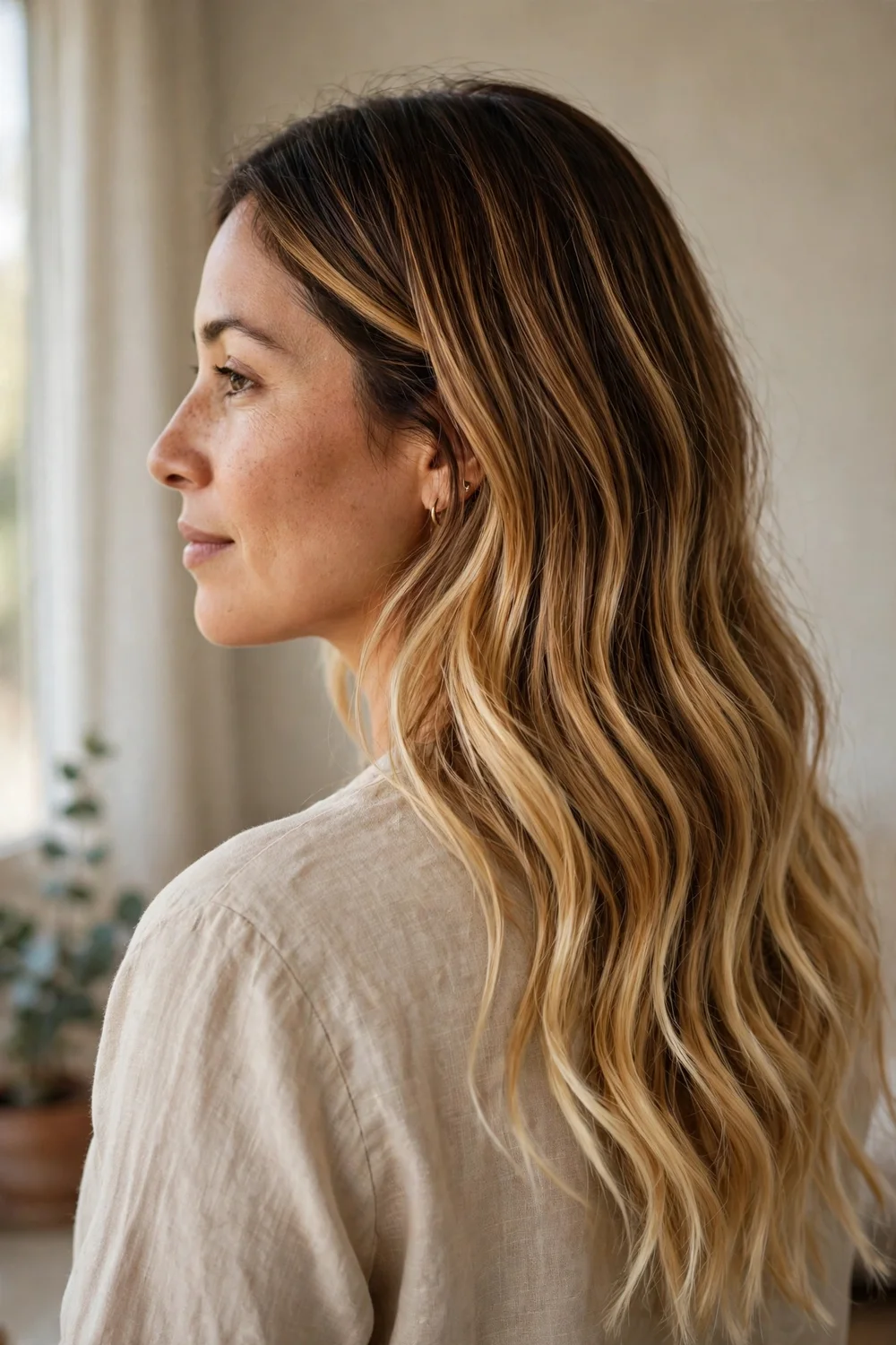 Woman with sun-kissed blonde balayage from behind