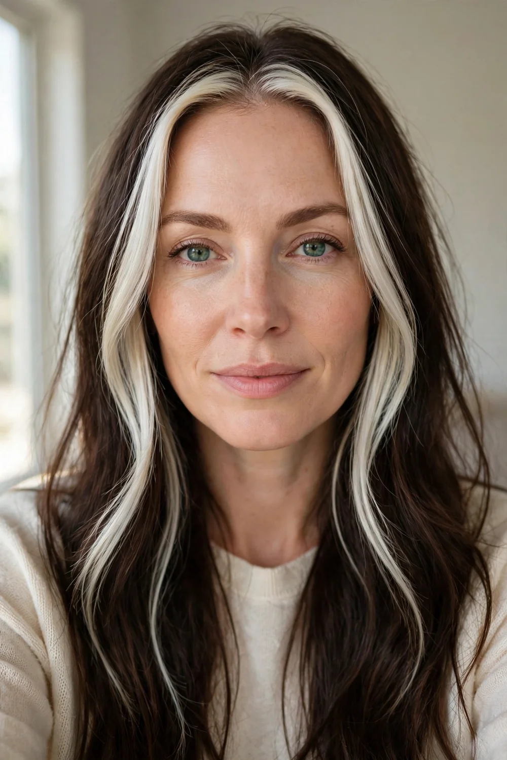 Woman with platinum blonde face-framing streaks
